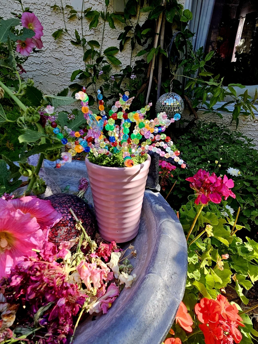 Colorful Beaded Flower Bouquet In A Mauve Pot - Multicolor